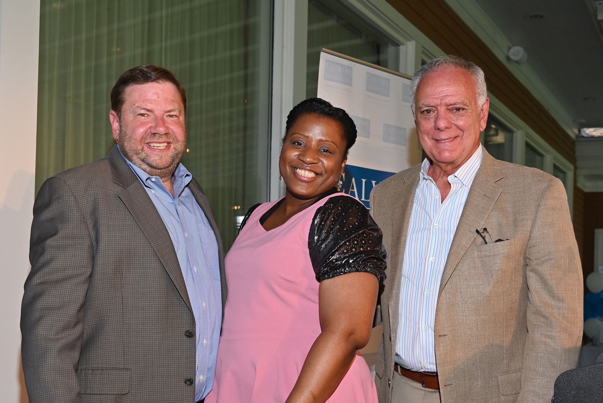 Pictured: Dennis Berberich (left) and Frank A. Calamari (right) with Davida Amaker, winner of the 2021 Dennis Berberich Scholarship for Calvary Care Technicians.
